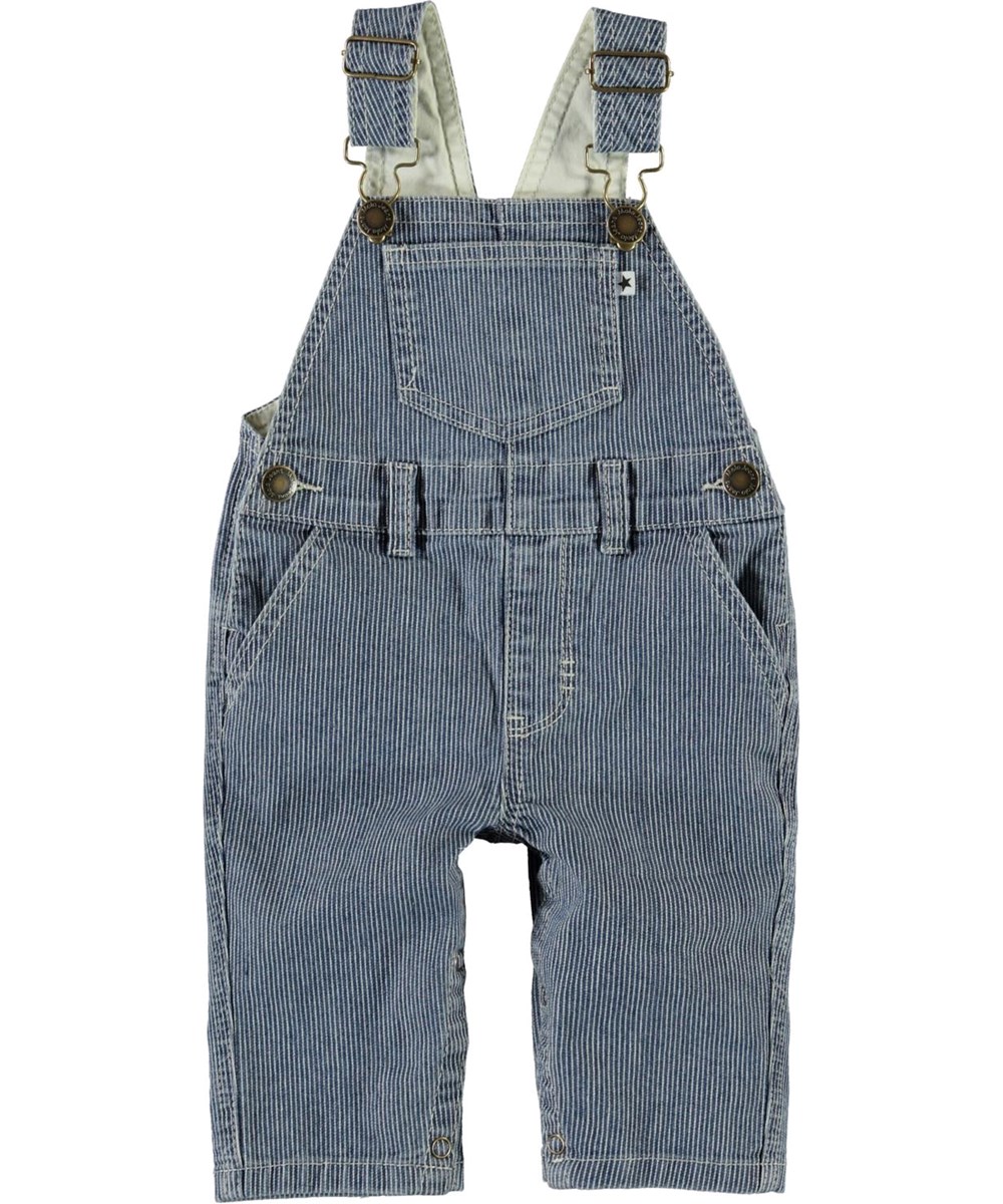 Sky - Fine Milkboy Stripe - Blaue Baby-Lätzchenhose mit weißen Streifen