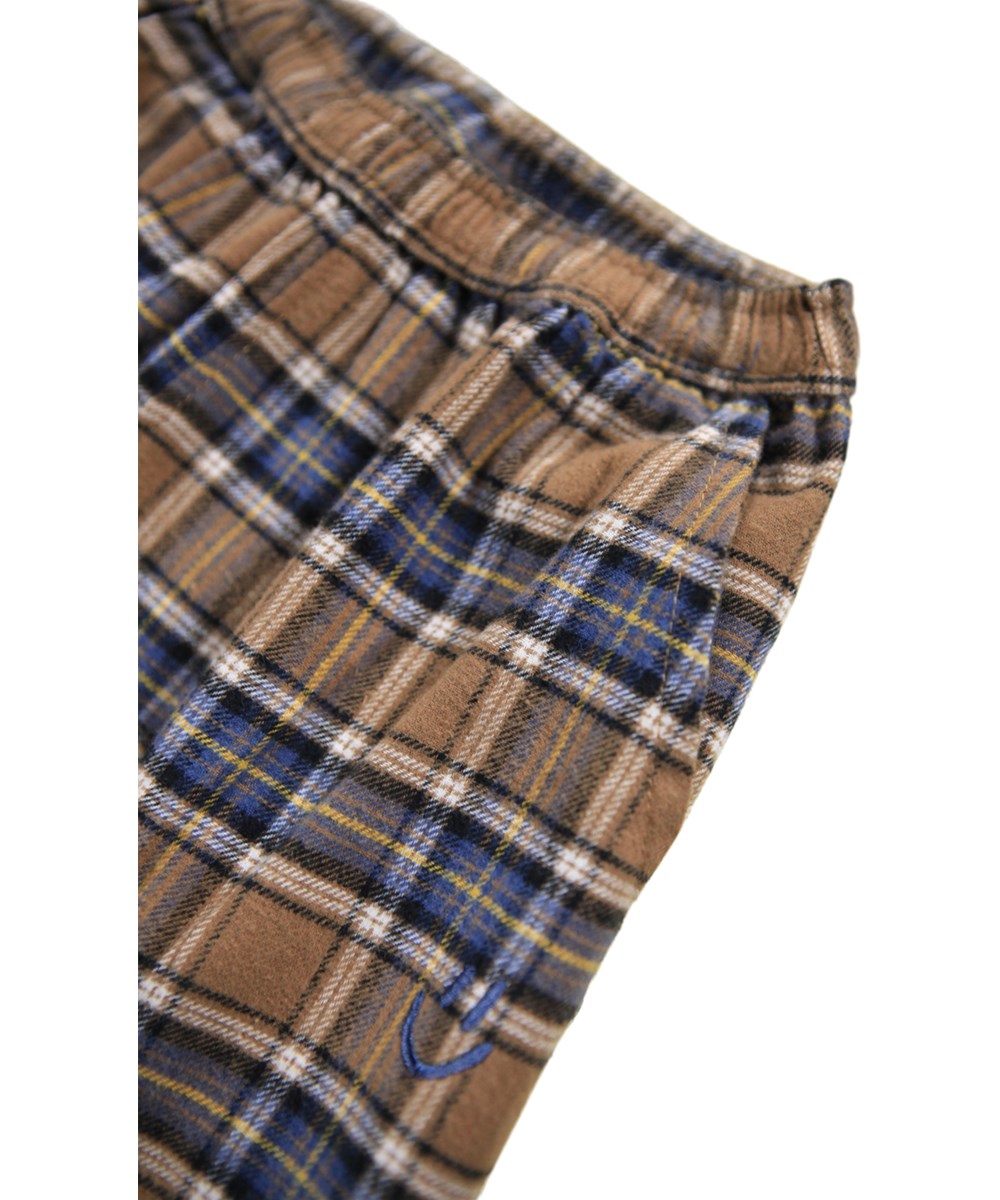 Sois - Fawn Check - Braune und blaue karierte Hosen für die Kleinen aus Öko-Baumwolle.