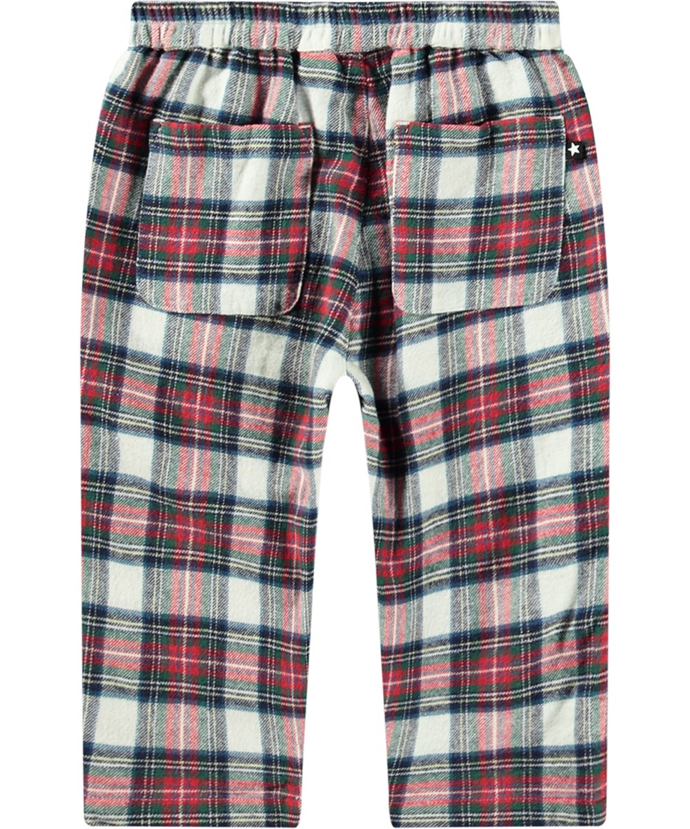 Sois - Pine Check - Rote, schwarze und weiße karierte Hosen für Kinder aus Öko-Baumwolle.