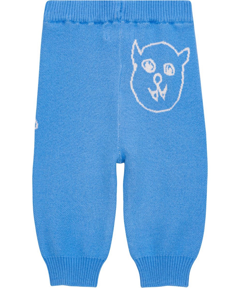 Sol - Forget Me Not - Blaue, weiche Strickhose aus Öko-Baumwolle mit Hund und Katze