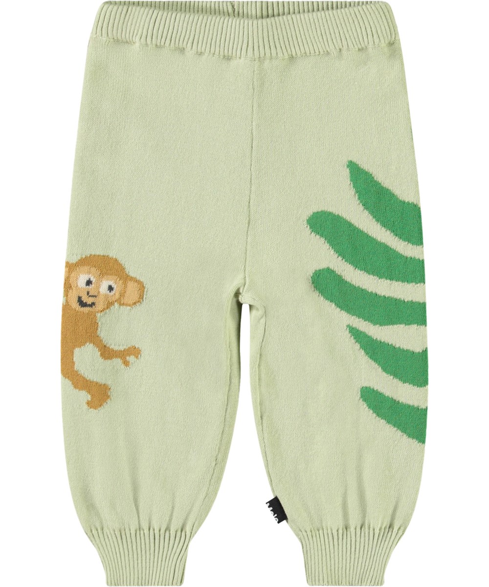 Sol - Jungle Life - Gestrickte Hose aus Öko-Baumwolle für Babys. Gestrickt in Hellgrün und verziert mit Dschungeltieren.