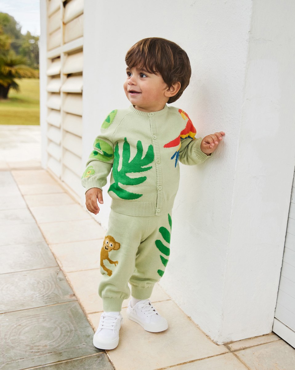 Sol - Jungle Life - Gestrickte Hose aus Öko-Baumwolle für Babys. Gestrickt in Hellgrün und verziert mit Dschungeltieren.