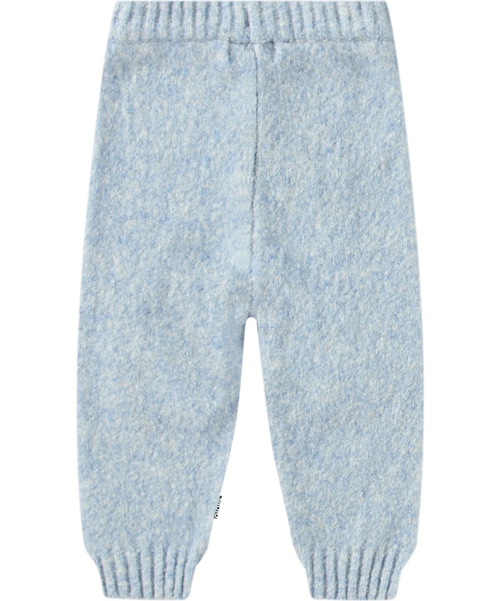 Sol - Pixel Smile - Weiche Wollmischungshose in blauem Melange mit Rippung und gelben lachenden Gesichtern auf den Knien.