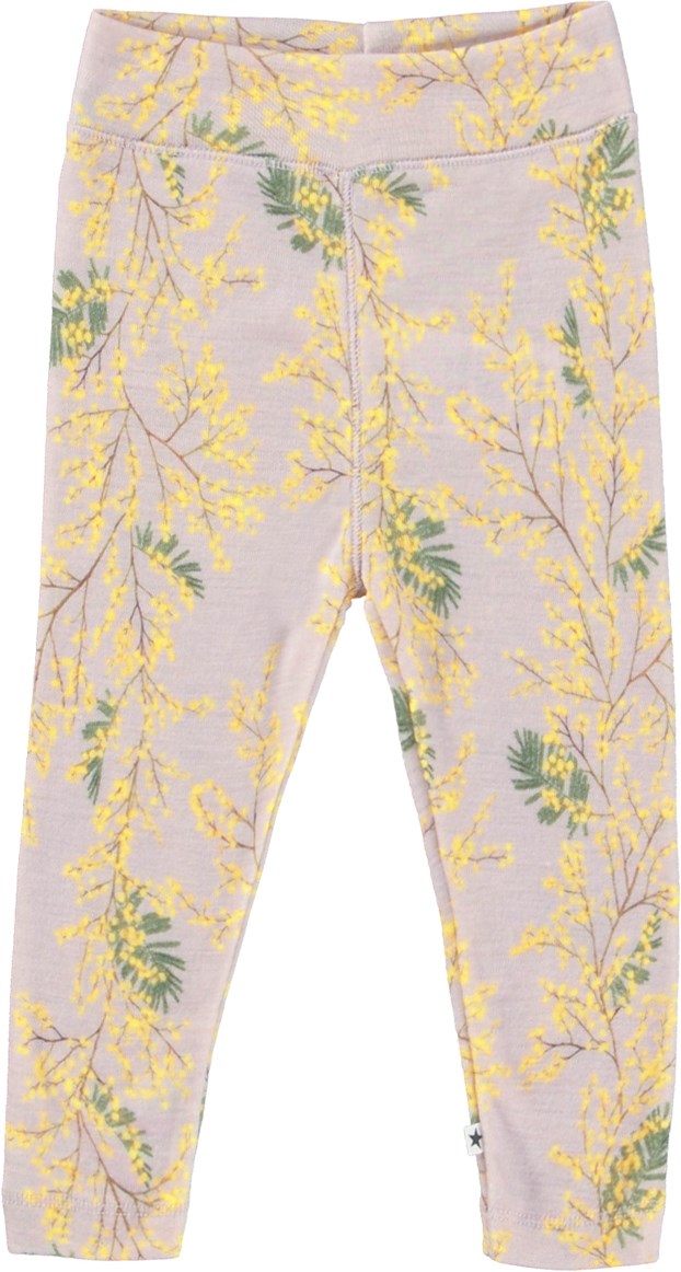 Sting - Mimosa Wool - Lila Baby-Leggings aus Merinowolle mit Mimosen-Print