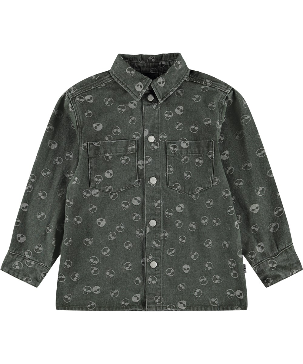 Hoshiu - Aliens - Grøn skjorte i jacquard denim bomuldsblend med vævede alien til børn. 