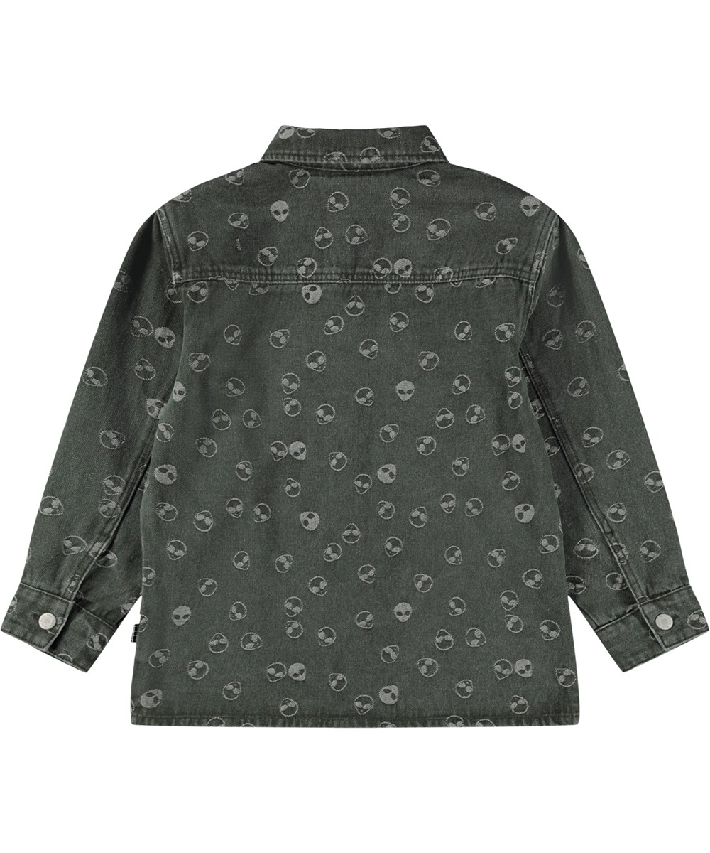 Hoshiu - Aliens - Grøn skjorte i jacquard denim bomuldsblend med vævede alien til børn. 