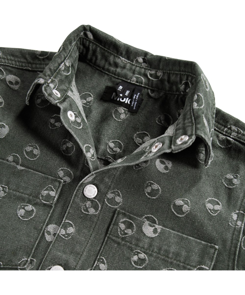 Hoshiu - Aliens - Grøn skjorte i jacquard denim bomuldsblend med vævede alien til børn. 