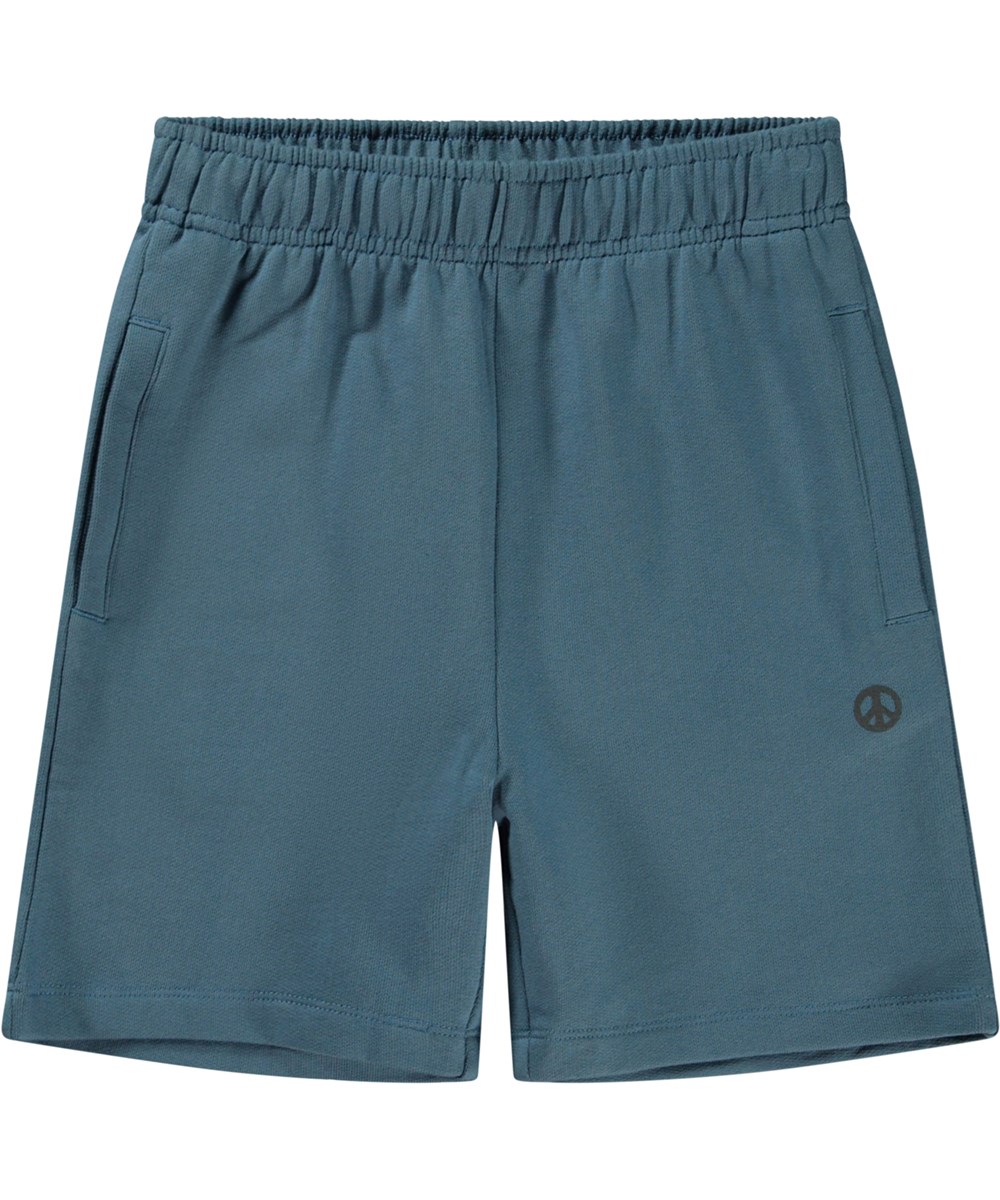 Adian - Atlas Blue - Unisex short in blauwe met geborduurde peace teken