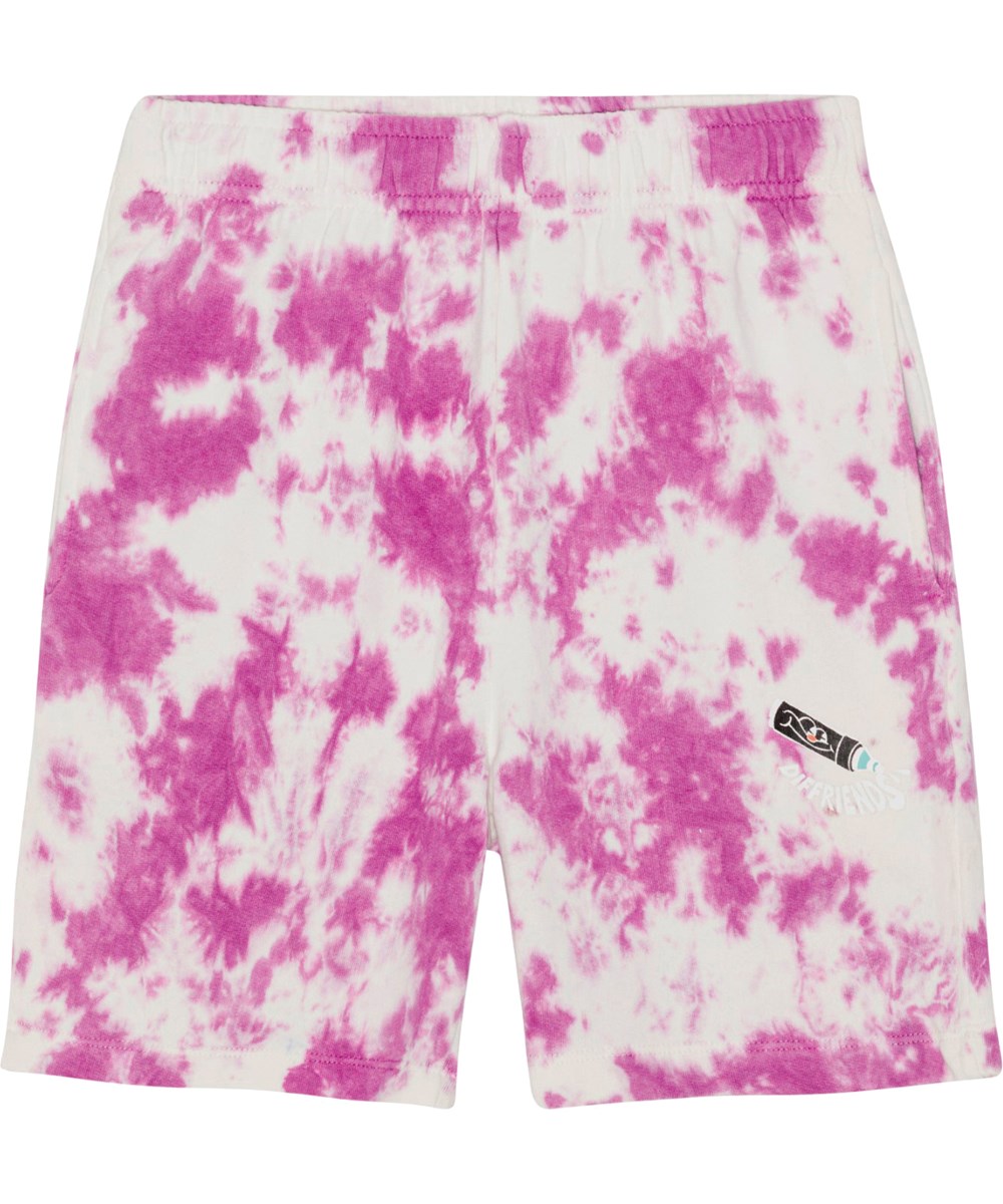 Adian - Purple Pink Dye - Paarse en witte tie-dye short van biologisch katoenen jersey