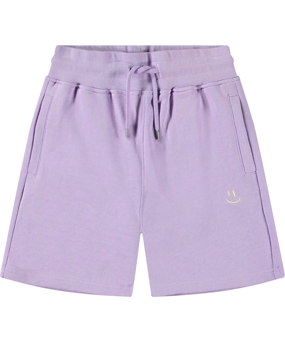 Alw - Violaceous - Lichtpaarse kindershort van biologisch katoen met een lichtgele smiley.