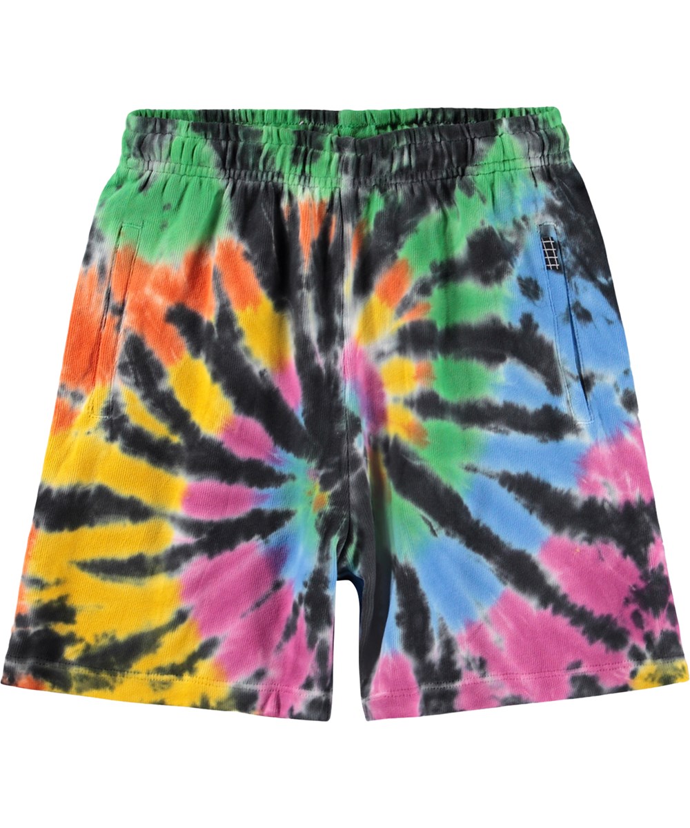 Amil - Colour Swirl - Zwarte kindershorts met een kleurrijk handgemaakt tie-dye patroon gemaakt van biologisch katoenen jersey. 