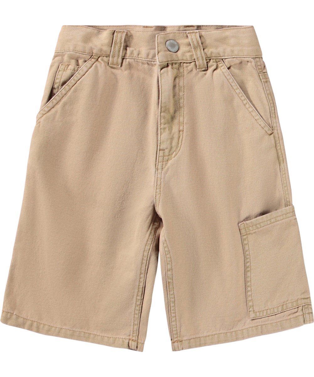 Archie - Tiger's Eye - Beige korte cargobroek met zijzak ontworpen voor kinderen en gemaakt van katoen 