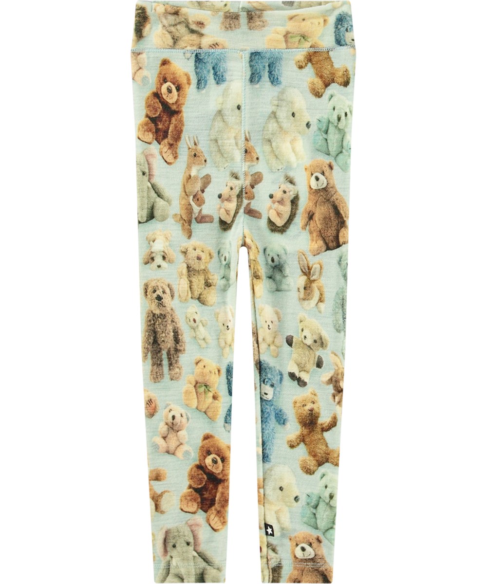 Sting - Teddy Galore - Multifarvede økologiske babyleggings i merinould og bamseprint