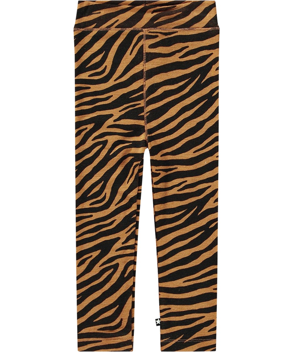 Sting - Zebra Wool - Sort og orange økologiske babyleggings i merinould og zebrastriber