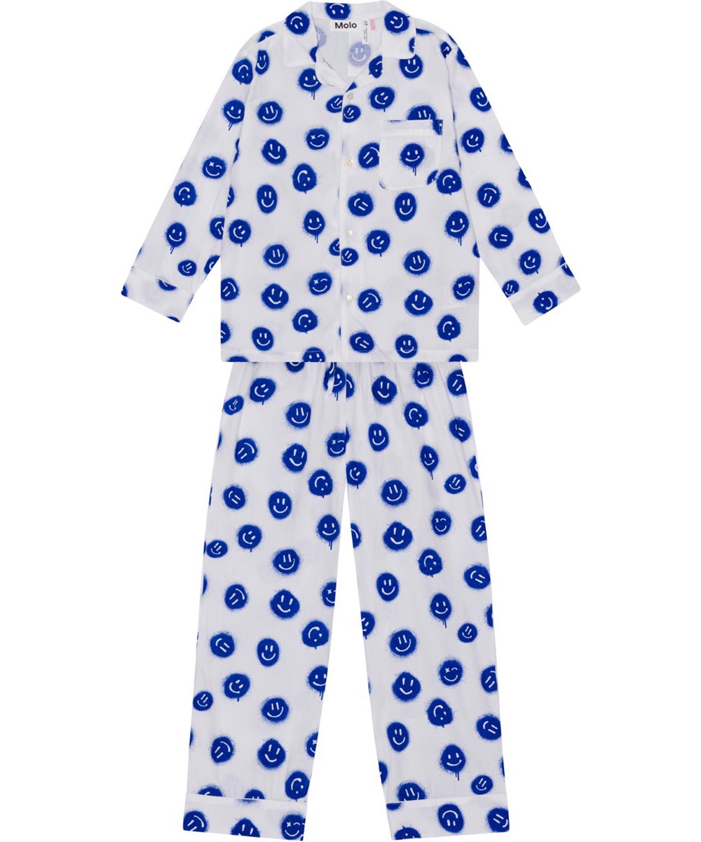 Lex - Smiles White - Witte pyjama van zacht bioloigsch katoen met een print van blauwe smiley's