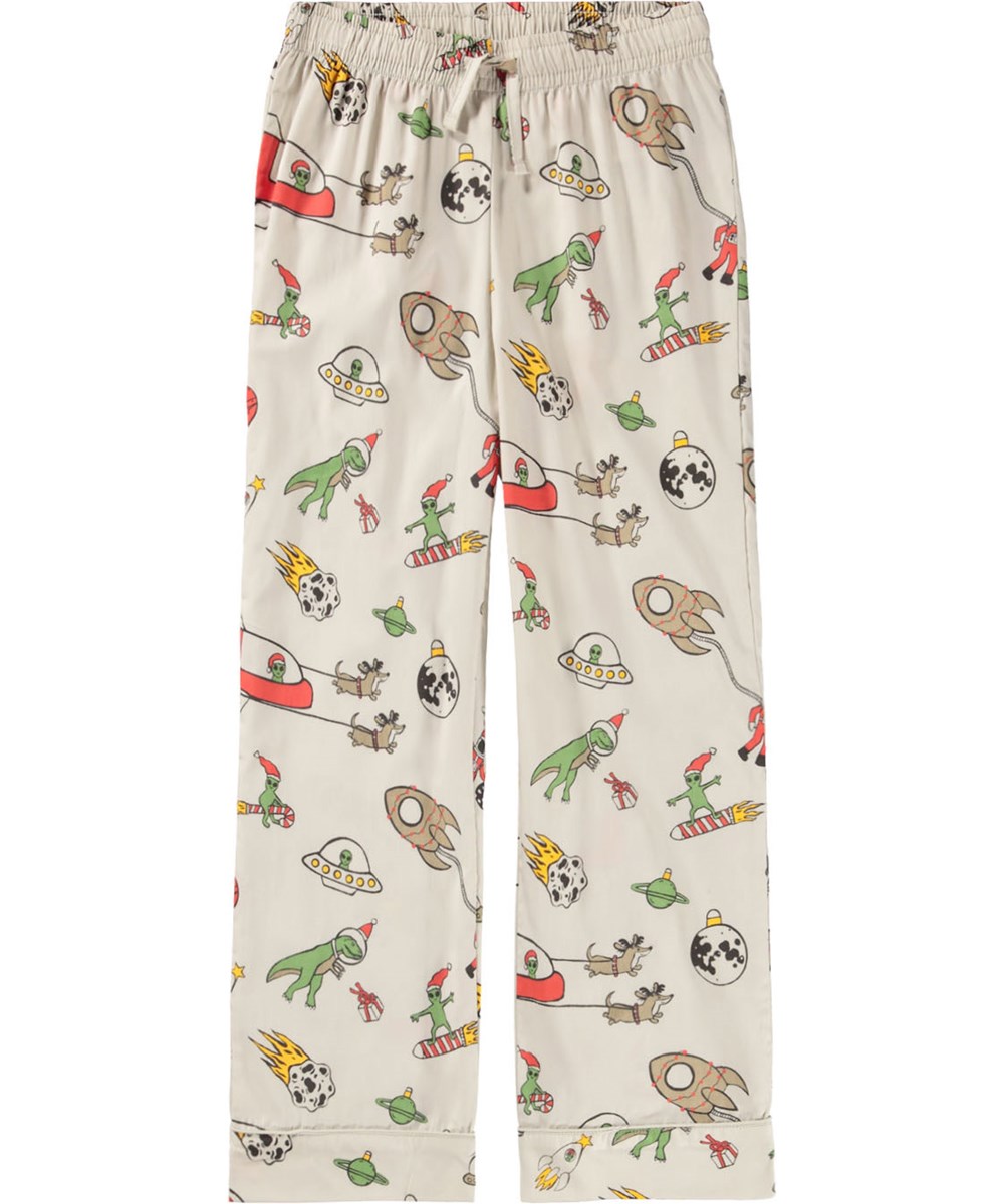 Lex - Spacy Nights - Beige kinderpyjama gemaakt van biologisch katoen met een kerst in de ruimte print.
