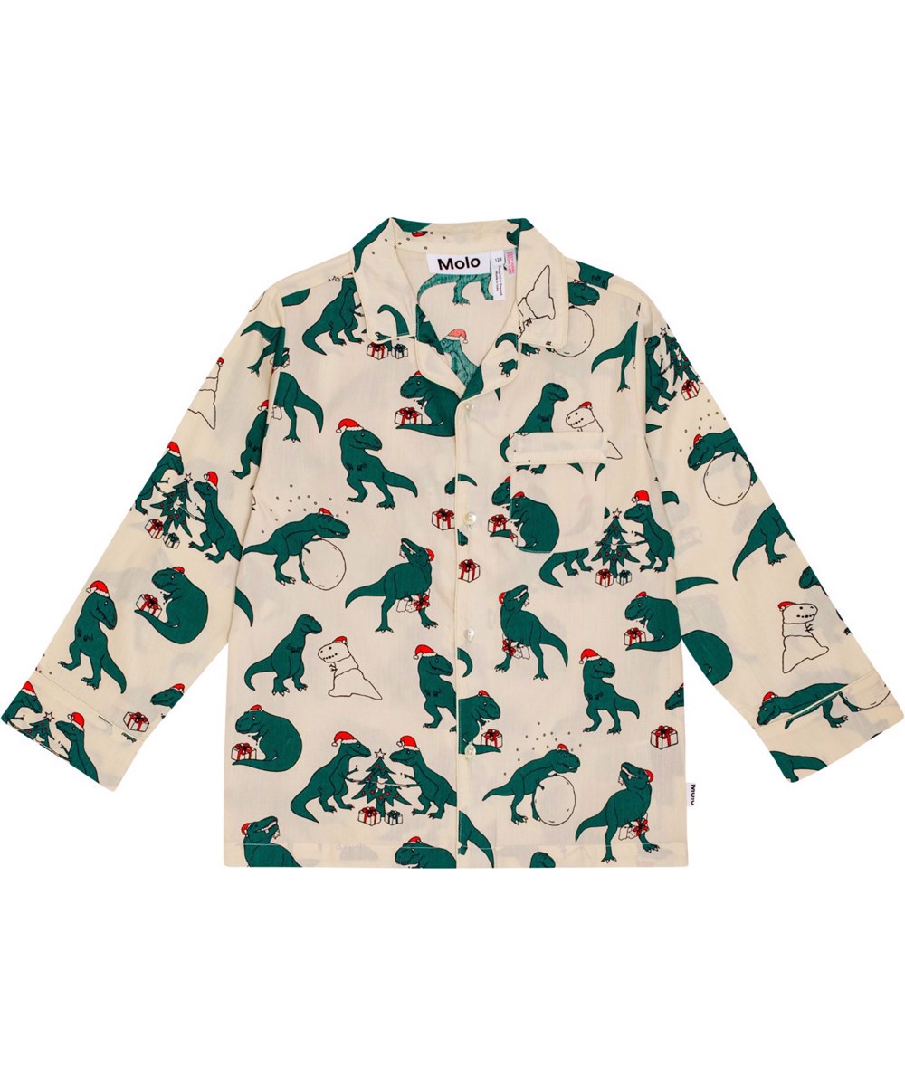 Lex US -  Dino Dreams - Beige en groene pyjama in een normale pasvorm met een dinosaurusprint.