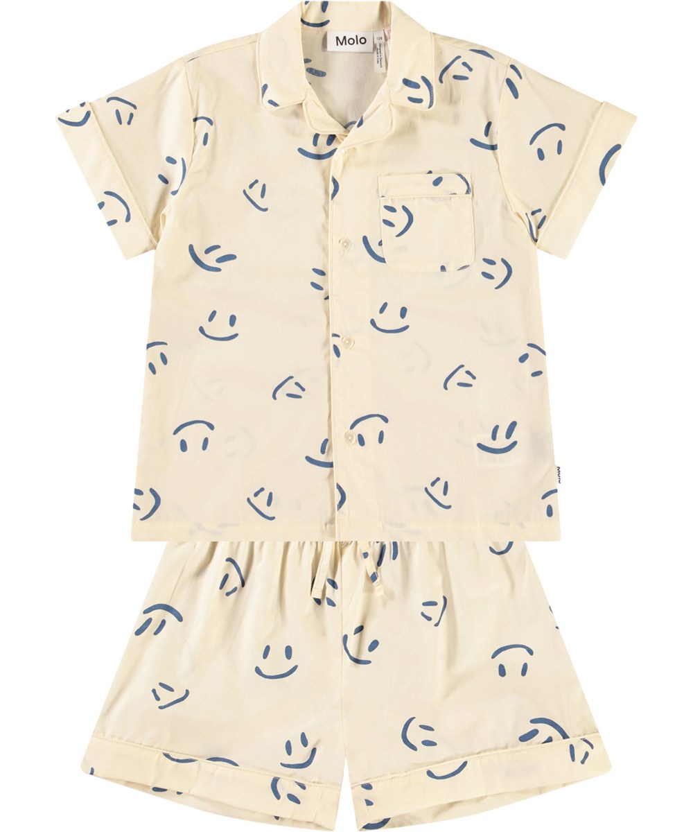 Lexi - Happy White - Gebroken witte pyjama met korte mouwen en pijpen van zacht biologisch katoenmix.