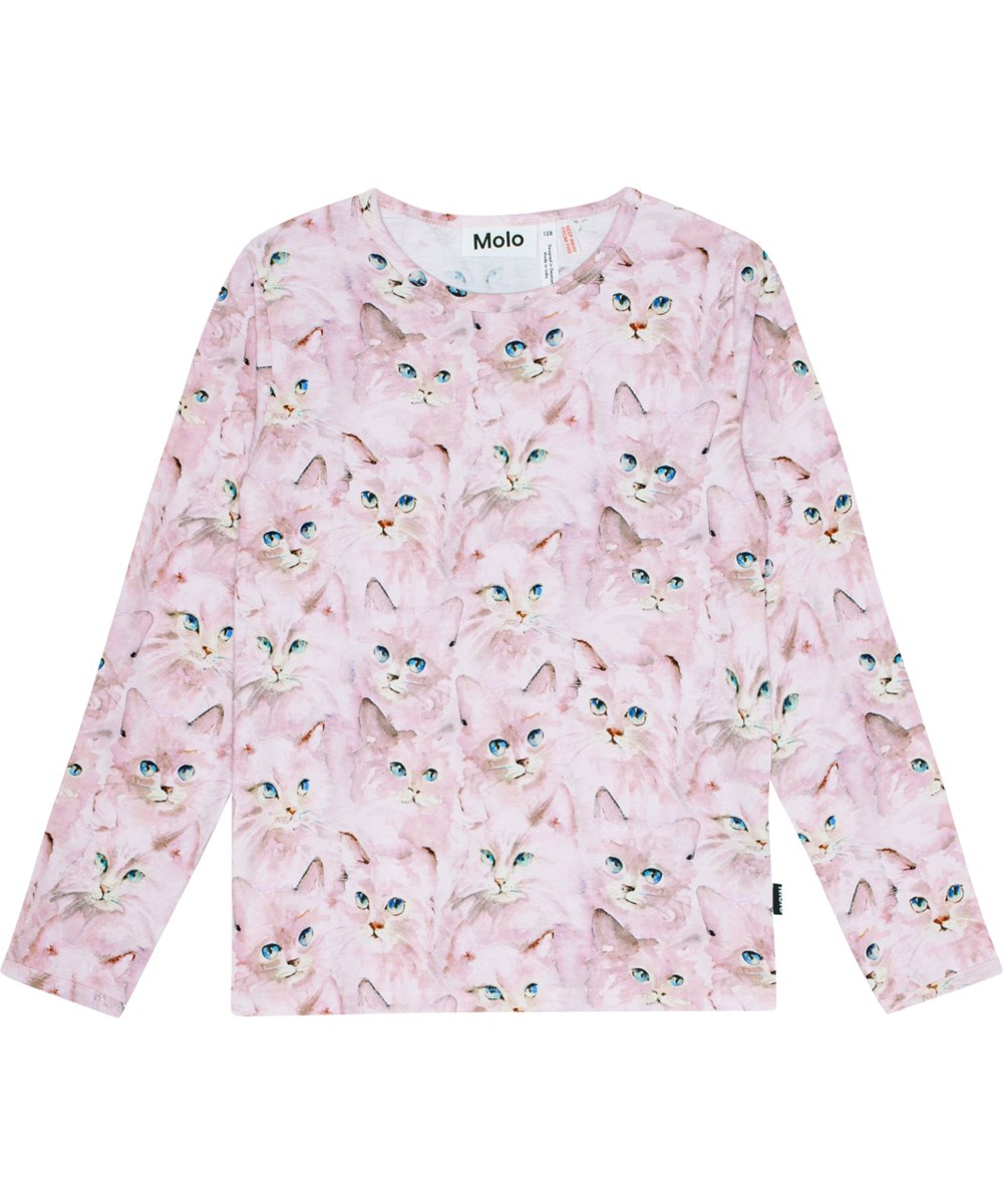 Lue - Lavender Aquarelle - Paarse biologisch katoenen pyjama met elastische tailleband, ribboorden en een all-over print van schattige poezen.