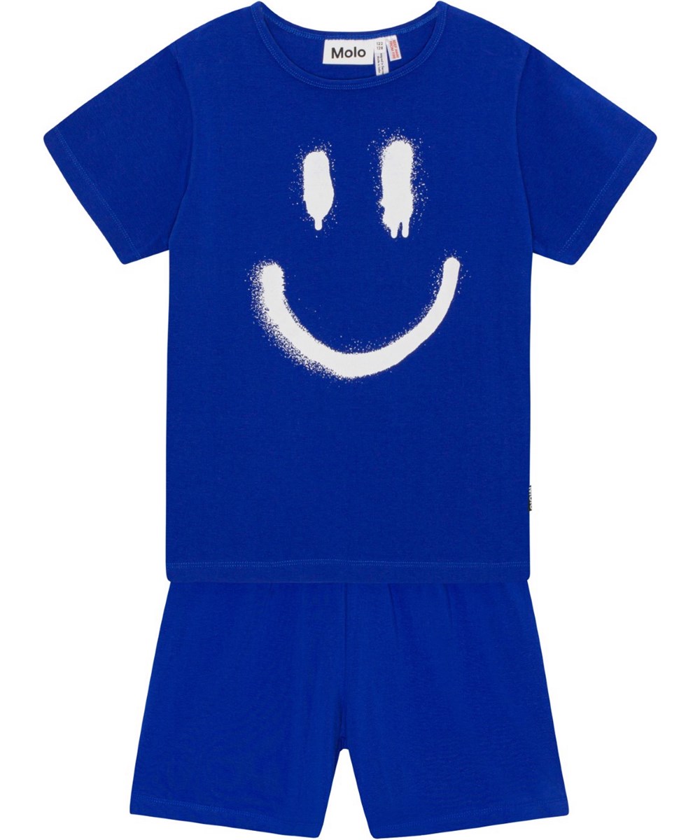 Luvis - Reef Blue - Blauwe pyjama van biologisch katoen met een smileyprint