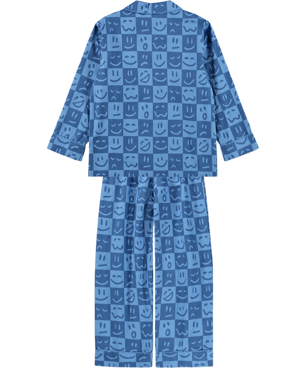 Lex - Blue Vibes - Blåternet pyjamassæt med print i økologisk bomuld til børn