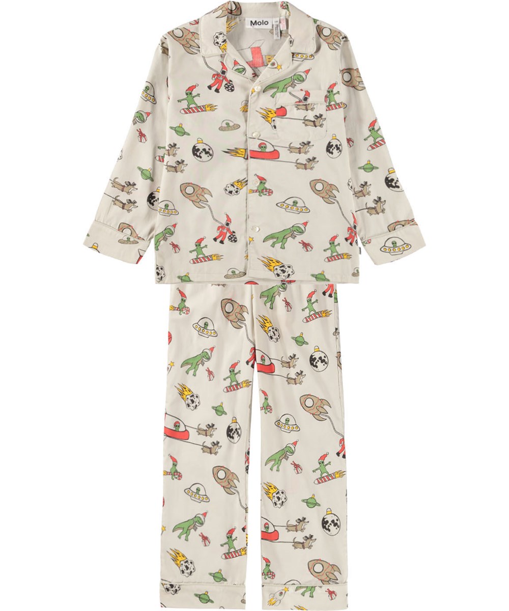 Lex - Spacy Nights - Beige pyjamas-sæt til børn i økologisk bomuld med ''jul i rummet'' print. 