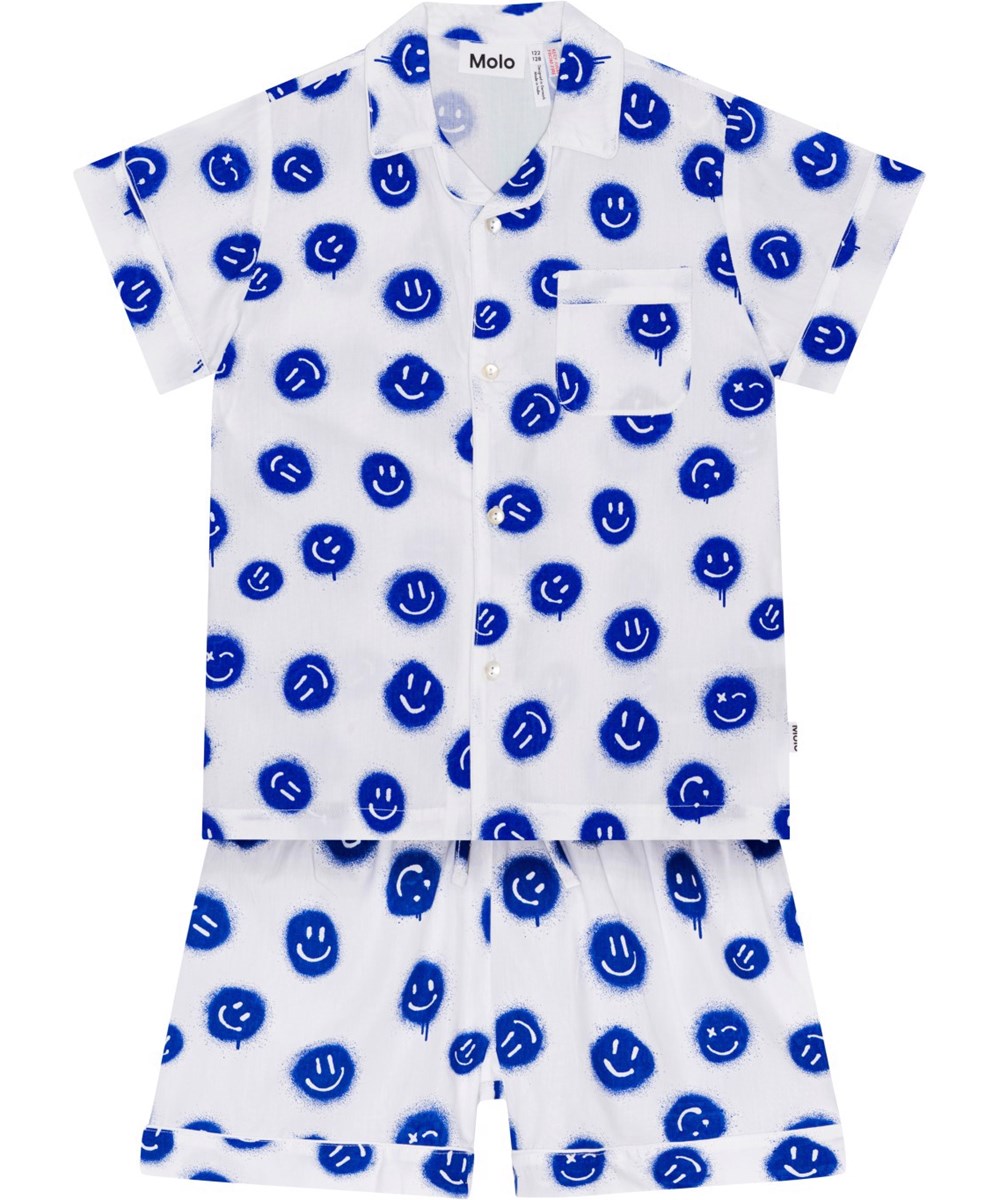 Lexi - Smiles White - Hvidt shorts nattøj i blødt økologisk bomuld med print af blå smilende ansigter