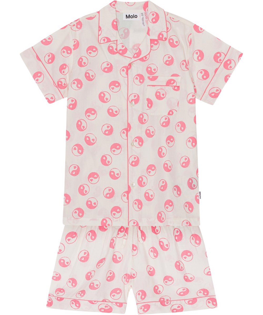 Lexi - Yin Yang Confetti - Råhvidt shorts nattøj i blødt økologisk bomuld med print af yin og yang symboler