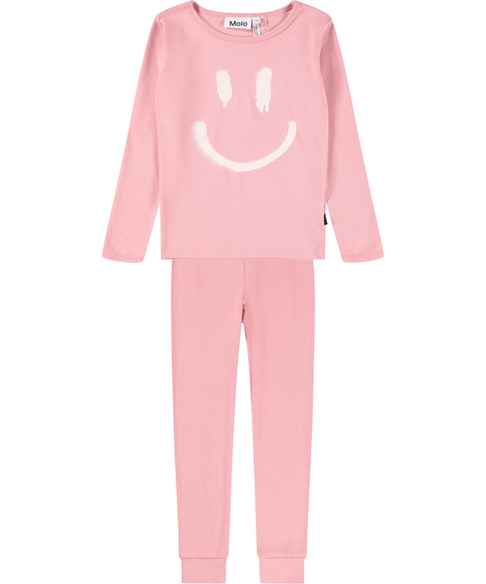 Lue - Blush - Rosa nattøjssæt til børn i økologisk bomuld med spraymalet smil i hvidt.