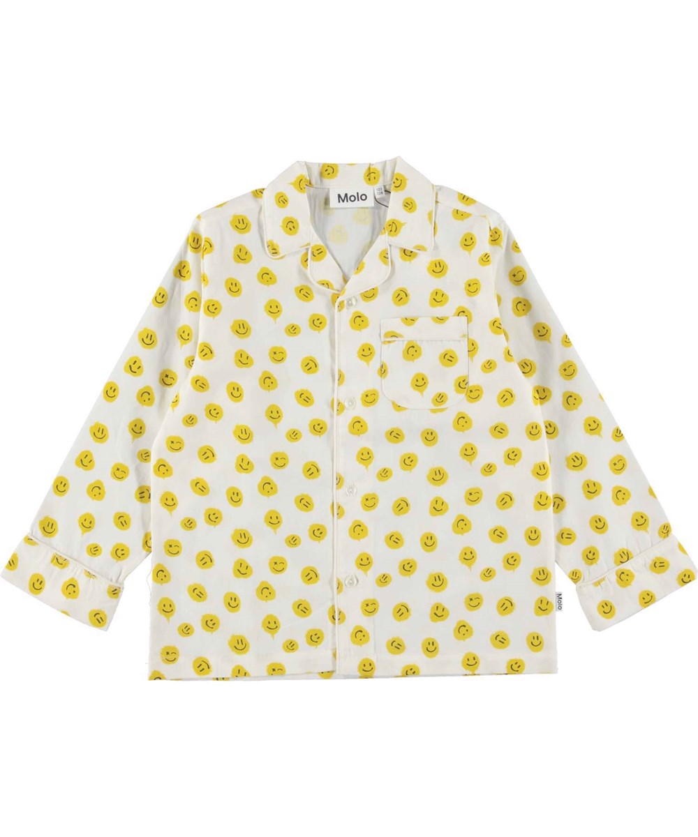 Lex - Happy Dreams - White pyjamas set with yellow spray painted smiley faces 