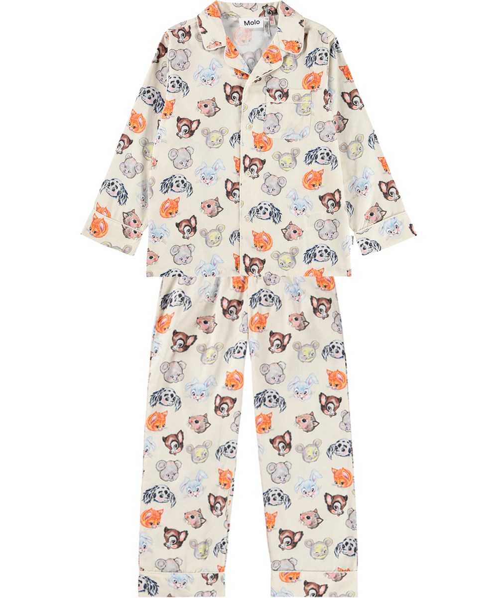 Lex - Itty Bitty Cream - Off-white pyjama set for children made of organic cotton with a print of cute drawn animals.