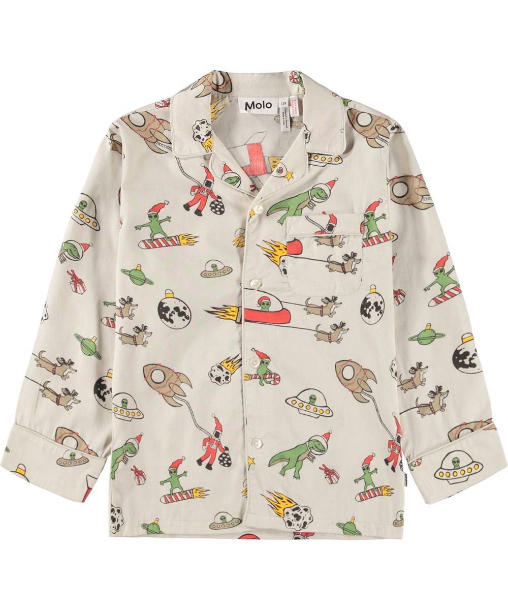 Lex - Spacy Nights - Beige pyjama set for children made of organic cotton with a ''Christmas in space'' print.