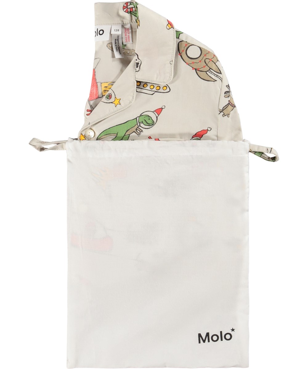 Lex - Spacy Nights - Beige pyjama set for children made of organic cotton with a ''Christmas in space'' print.