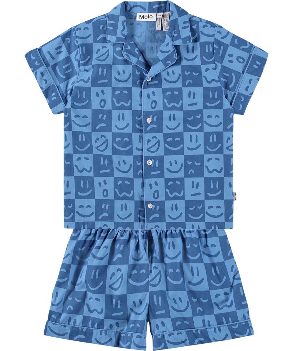 Lexi - Blue Vibes - Blue checked pyjama set for children made of organic cotton with a print 