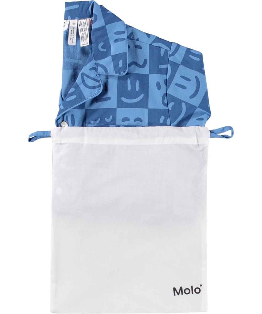 Lexi - Blue Vibes - Blue checked pyjama set for children made of organic cotton with a print 