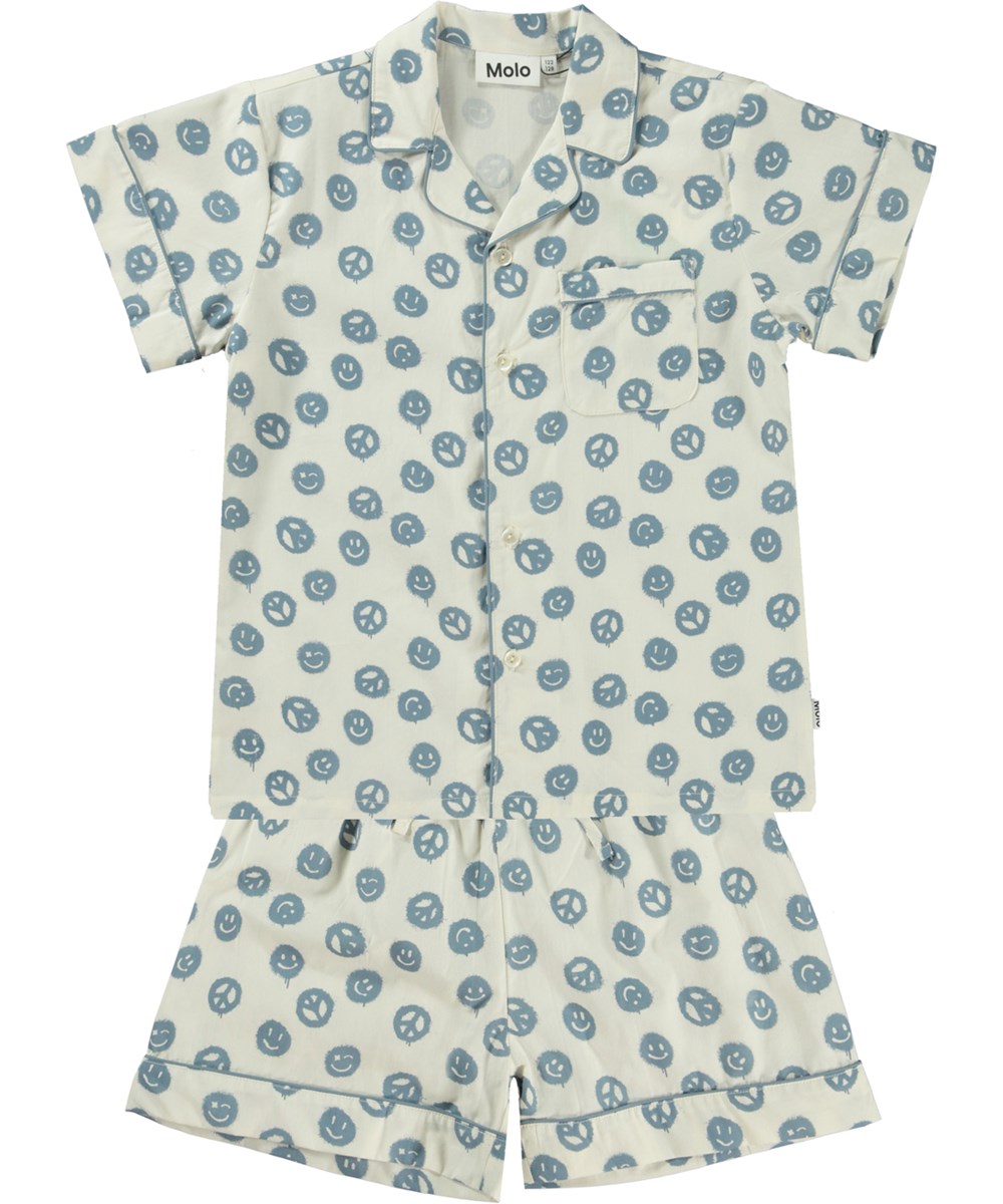 Lexi - Happy Peace - White nightwear set with a print of peace and smiley faces