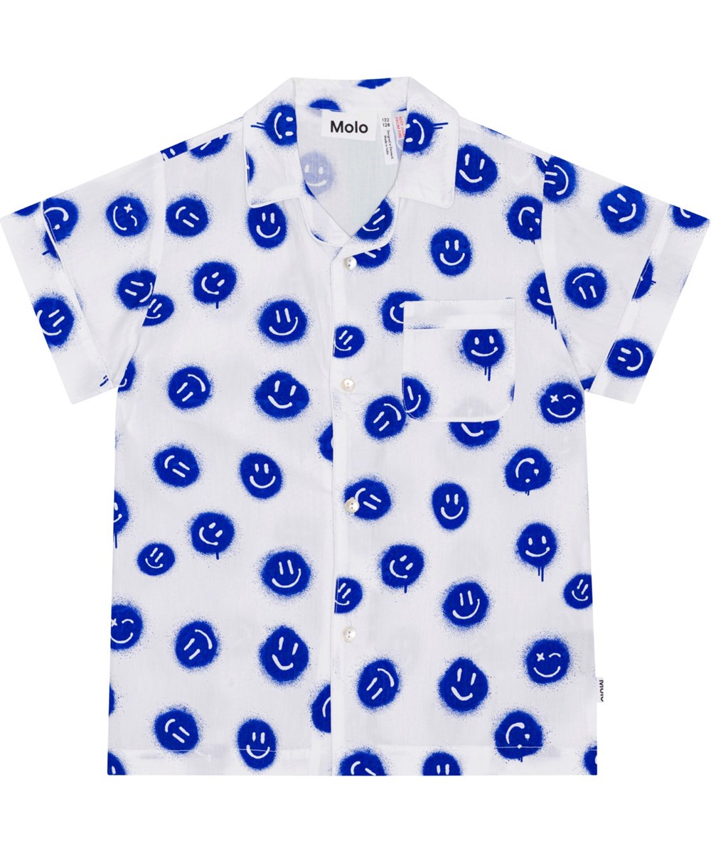 Lexi - Smiles White - White nightwear shorts set in soft, organic cotton with a print of blue smiling faces