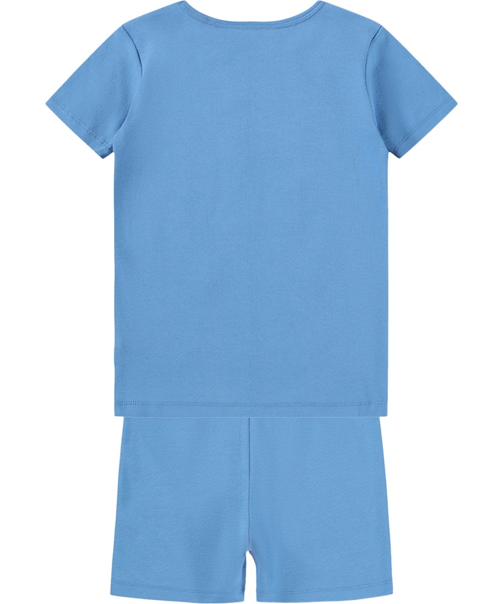 Lou US - Blue Tide - Blue two-piece pyjamas for children made of organic cotton with a print