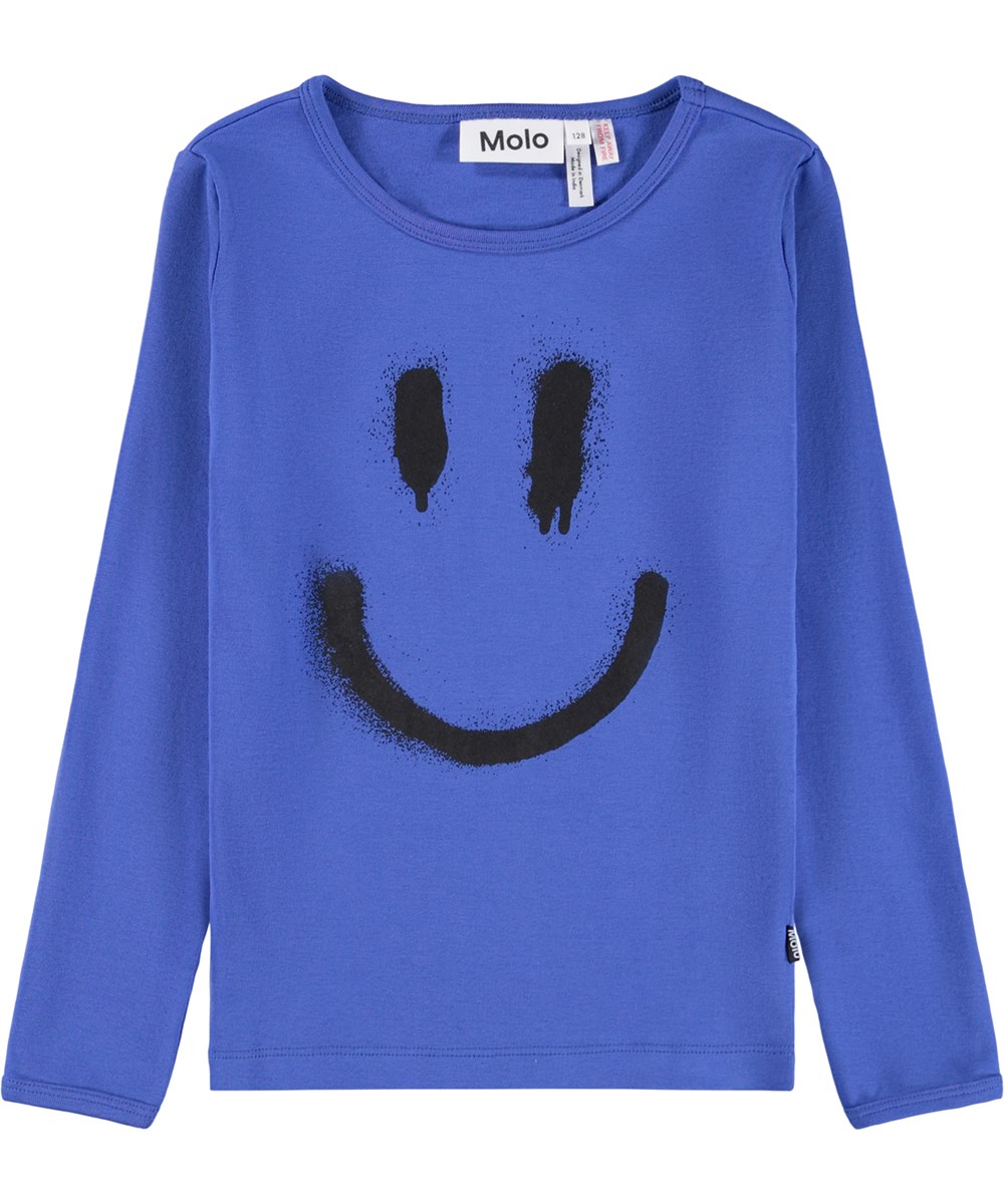 Lue - Dazzling Blue - Blue pyjama set for children made of organic cotton with spray-painted smile in black.