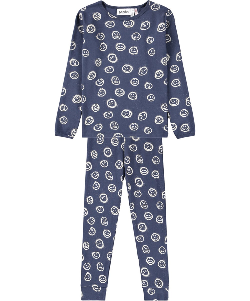 Lue - Galaxy Moods - Dark blue pyjama set for children made of organic cotton with white spray-painted faces in different moods.