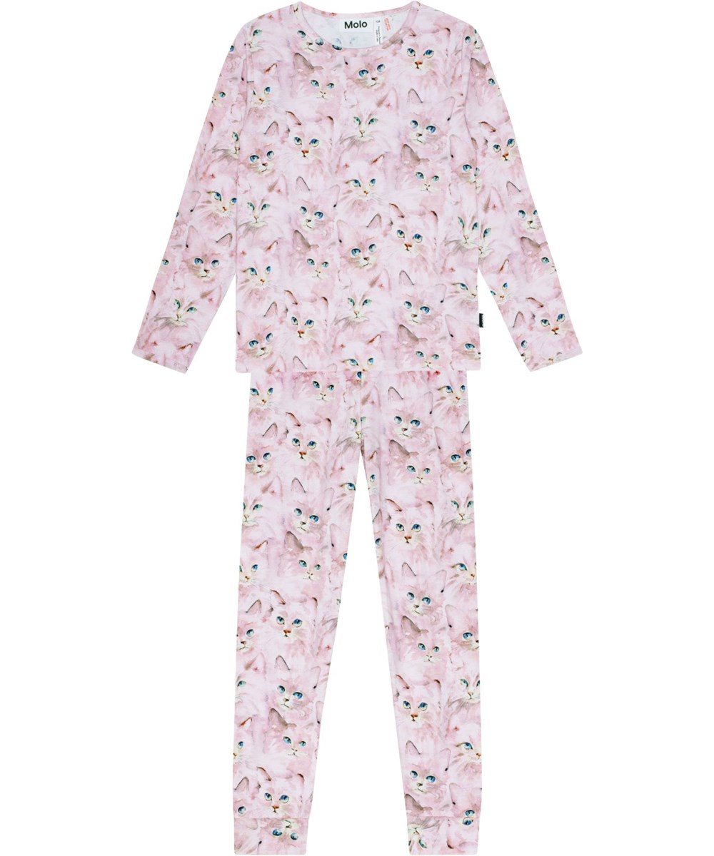 Lue - Lavender Aquarelle - Purple organic cotton pyjama set with elastic waistband and ribbed cuffs. All-over print of adorable cats.