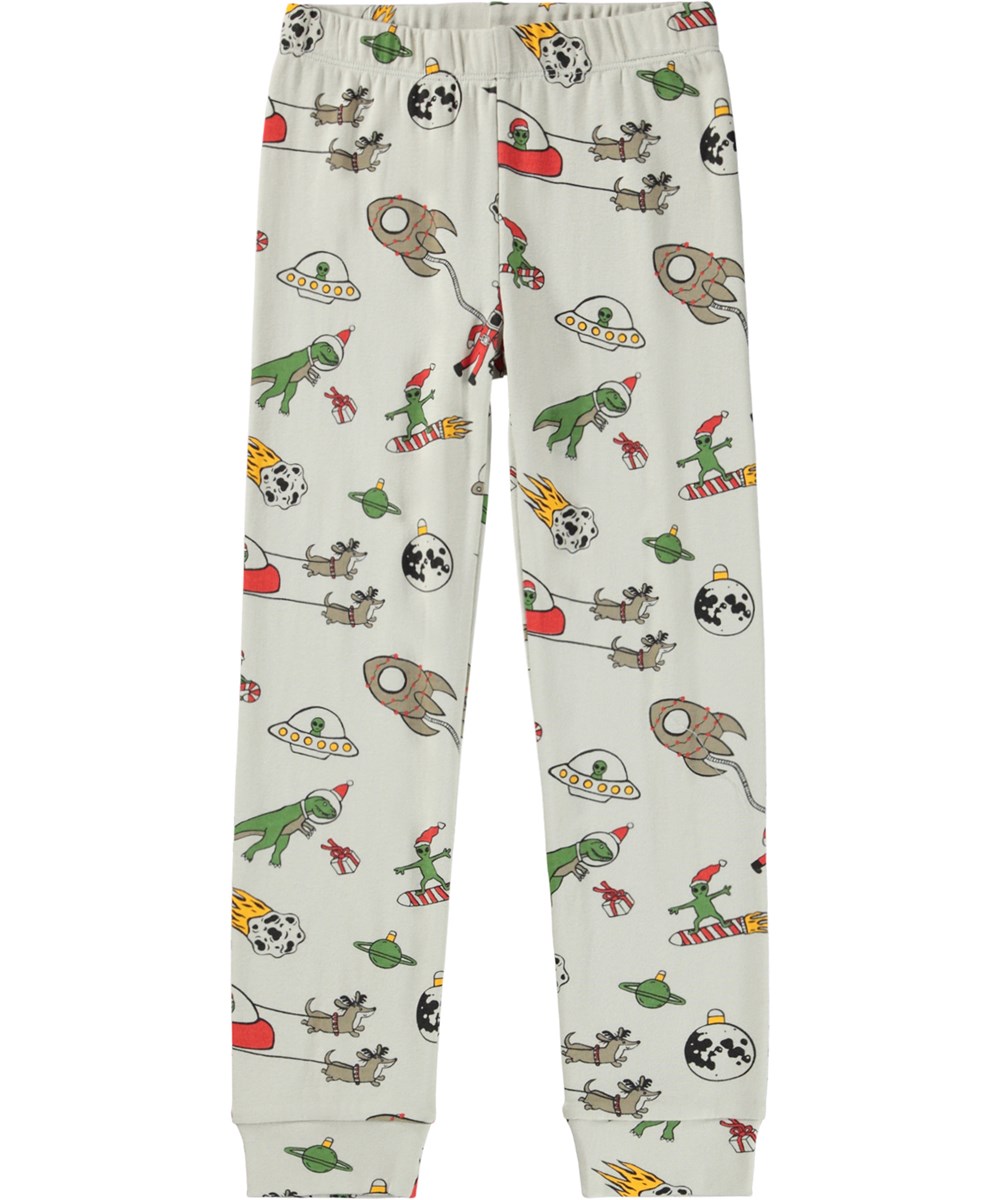 Lue - Spacy Nights - Beige pyjama set for children made of organic cotton with a print of a colourful Christmas in space.
