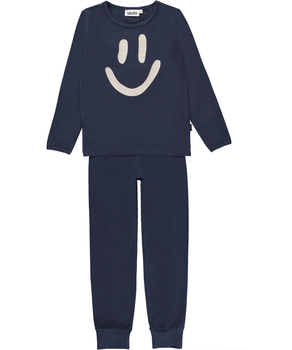 Luve - Galaxy Blue - Blue organic pyjamas with smiley face print