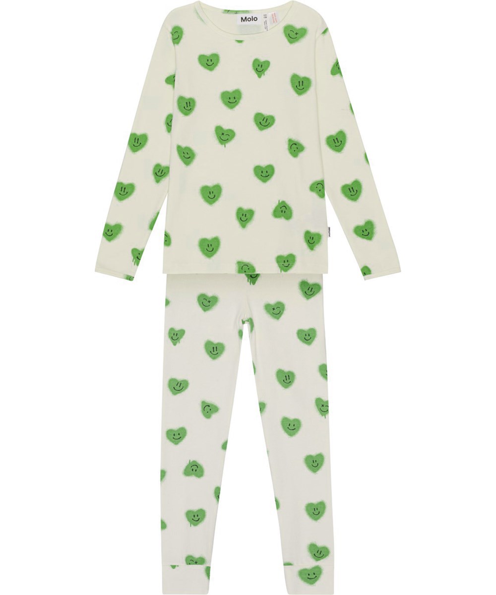 Luve - Hearts - Light green nightwear set in an all over print of smiling, green graffiti hearts in organic cotton