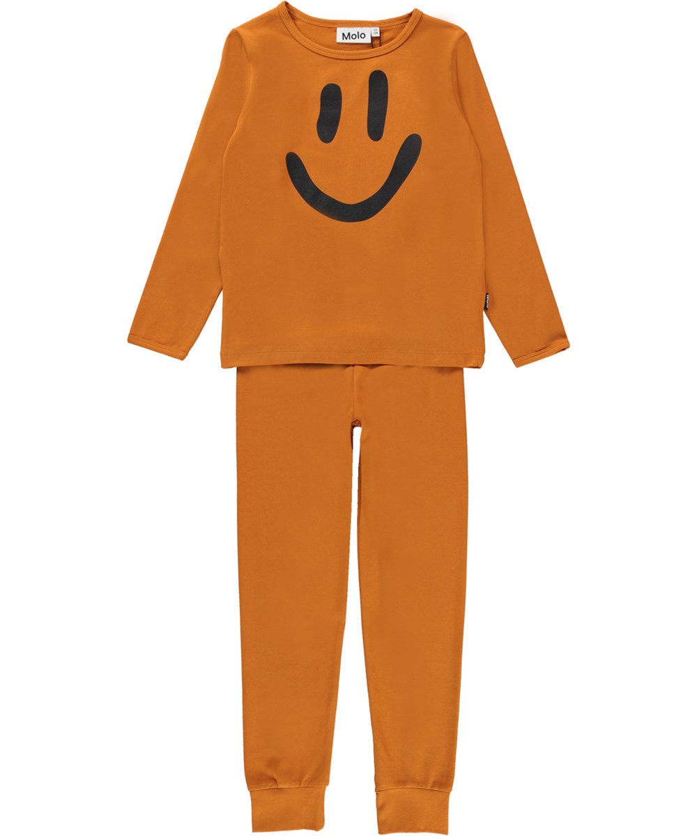 Luve - Old Gold - Orange organic pyjamas with smiley face print