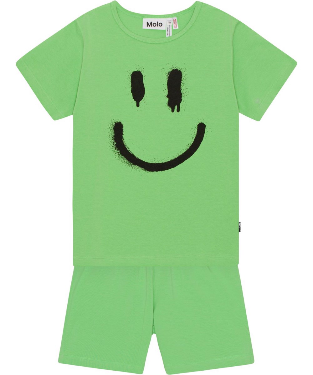 Luvis - Grass Green - Green nightwear with a print of a smiling face in organic cotton