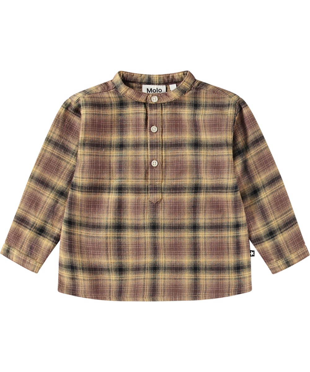 Enoz - Bronze Check - Voor baby's en peuters een gekleurde geruite biologisch katoenen blouse  met een mandarijnkraag.