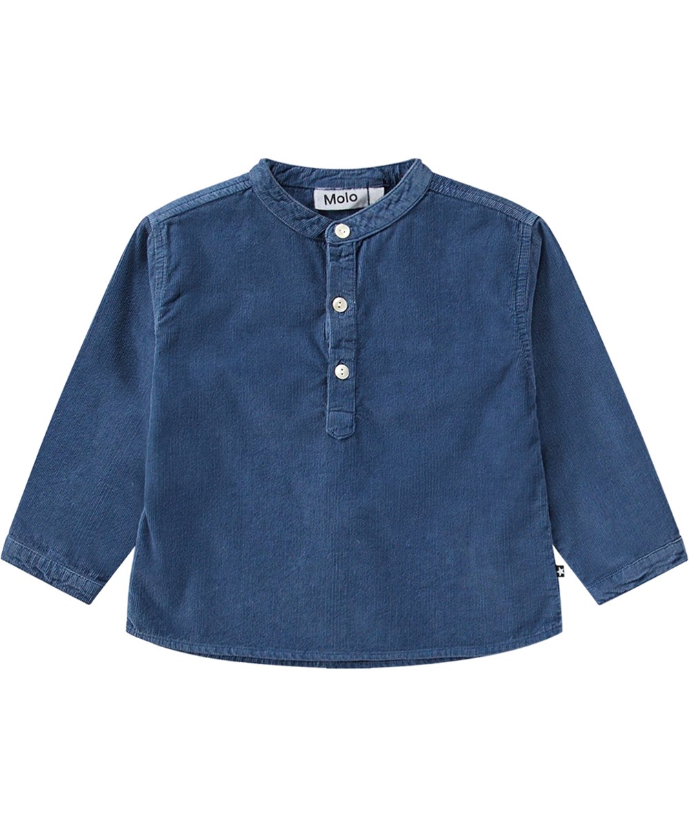 Enoz - Calm Fjord - Blauw biologisch katoenen blouse van zachte geribbelde babyribfluweel.