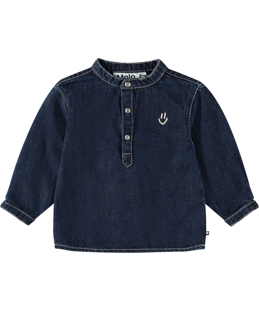 Enoz - Oceanic Denim - Donkerblauw spijkerblouse voor baby's en peuters met een mandarijnkraag in een ruime pasvorm en met een wit geborduurde smiley.