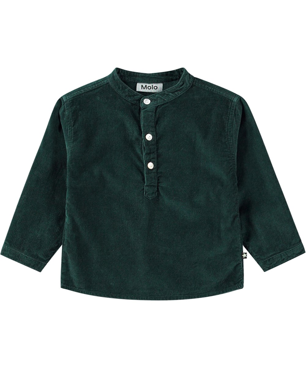 Enoz - Ponderosa Pine - Donkergroene biologisch katoenen blouse voor baby's en peuters met een opstaande kraag en knoopsluiting.